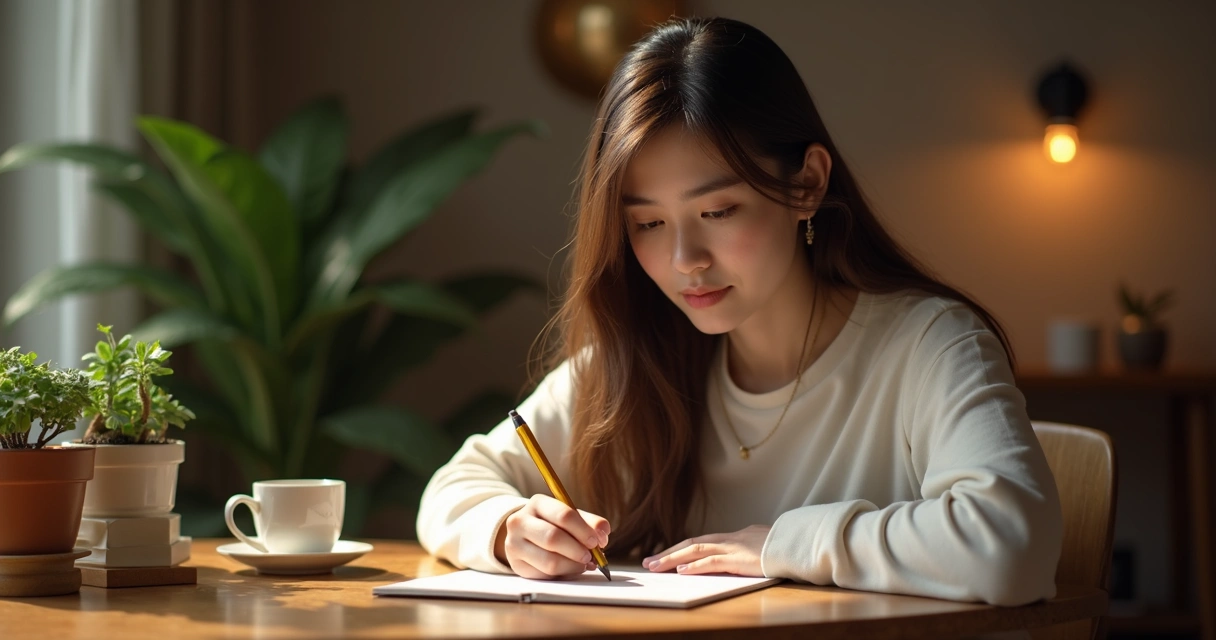Pessoa sentada escrevendo em um caderno, luz suave, ambiente calmo 