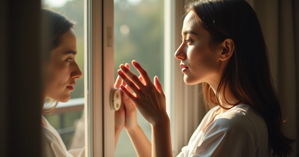 Pessoa observando o próprio reflexo, transmitindo cuidado e gentileza. 