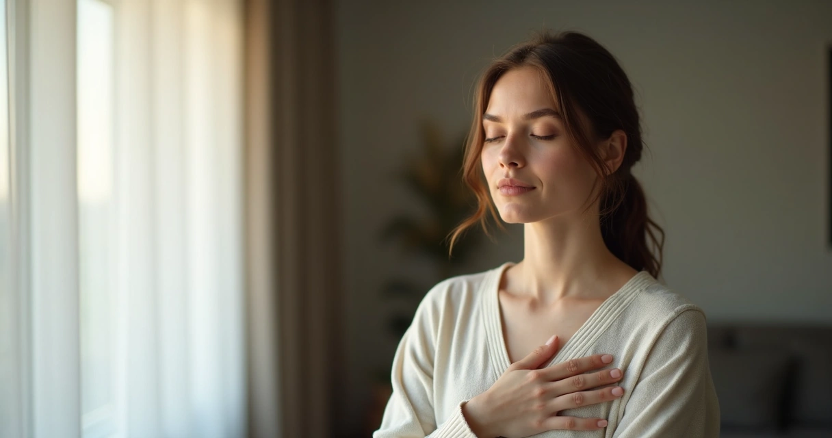 Mulher de olhos fechados, expressão serena, mão no peito, em momento de reflexão 