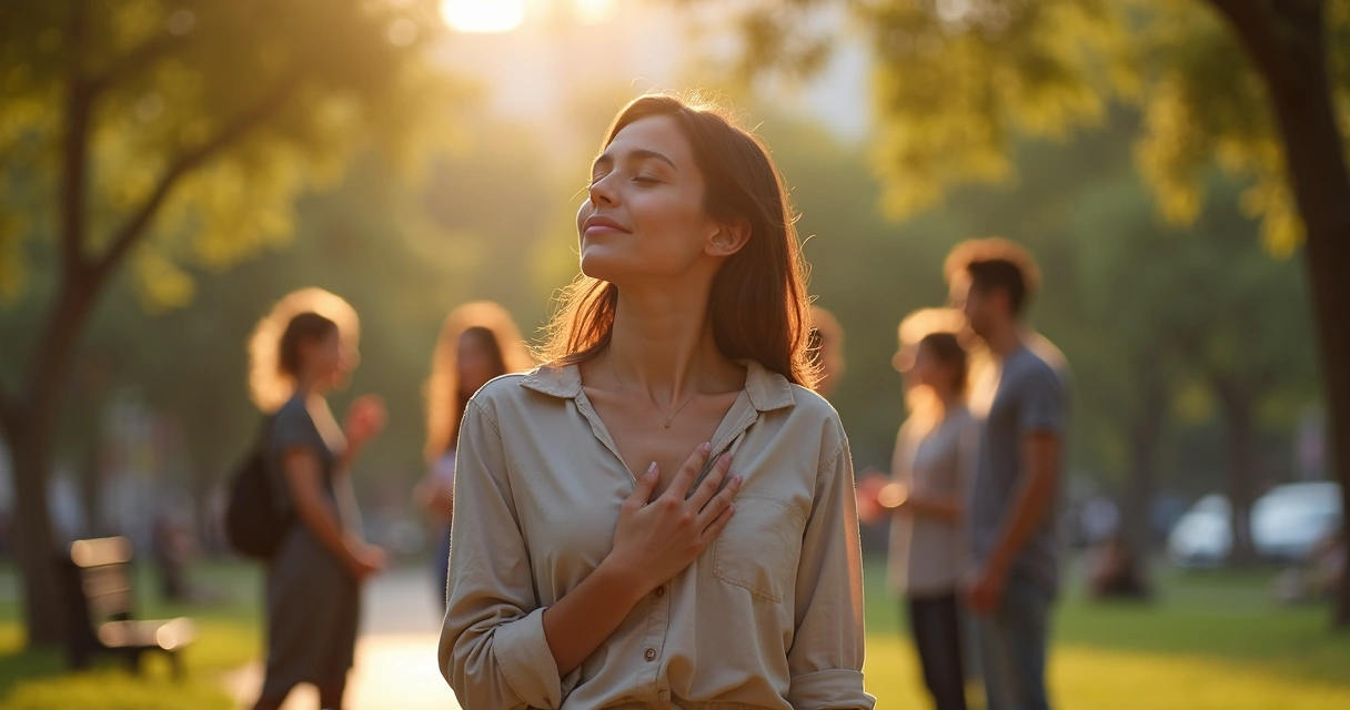 Mulher serena com a mão no peito cercada por grupo de pessoas em clima de apoio 