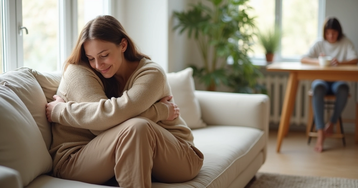Pessoa de olhos fechados se abraçando com leve sorriso em ambiente claro e acolhedor 