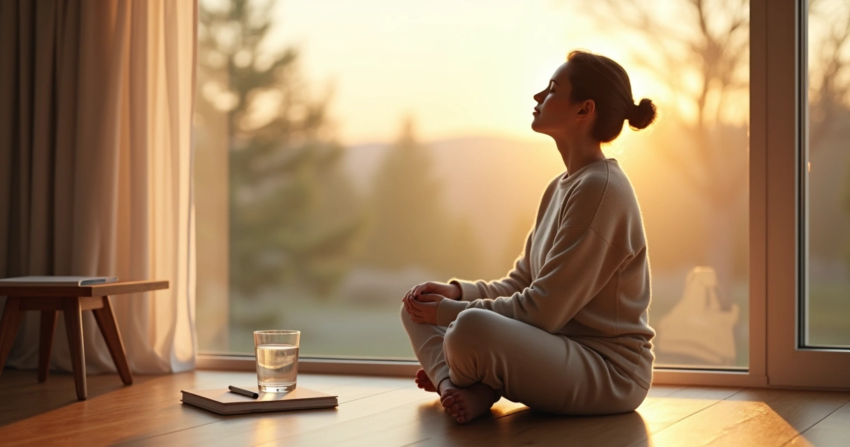 Pessoa sentada em posição de meditação abraçando a si mesma em ambiente calmo 
