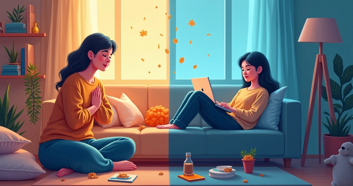 Representação visual de autocompaixão e autoindulgência em ilustrações separadas 