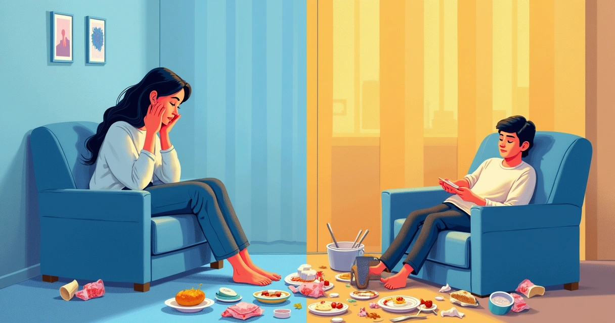 Ilustração conceitual sobre autocompaixão e autoindulgência, dividida em duas partes distintas