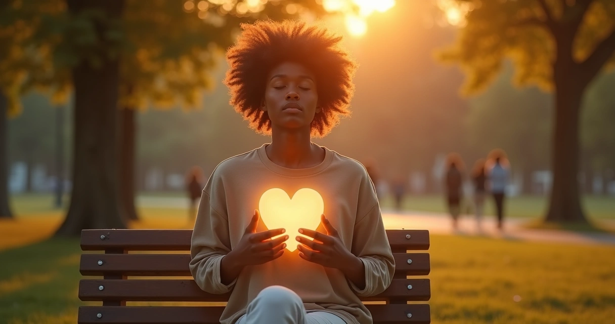 Persona sosteniendo su propio corazón dibujado sobre el pecho en medio de un parque al atardecer 