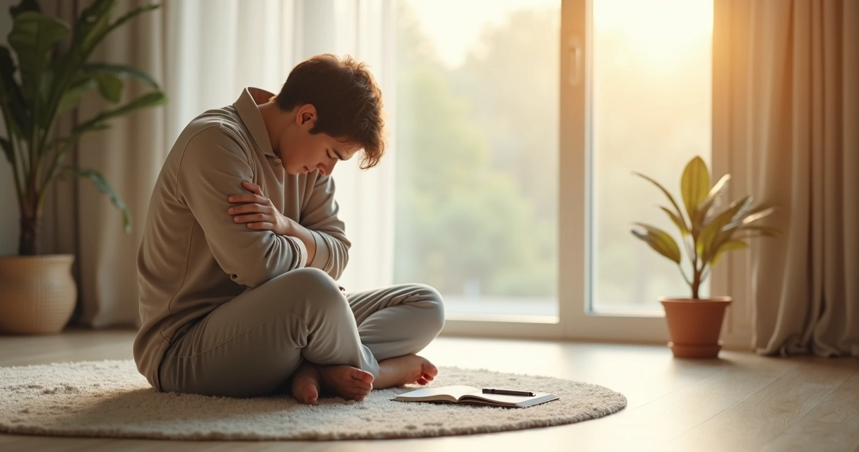 Persona sentada abrazándose a sí misma con expresión serena frente a una ventana luminosa 