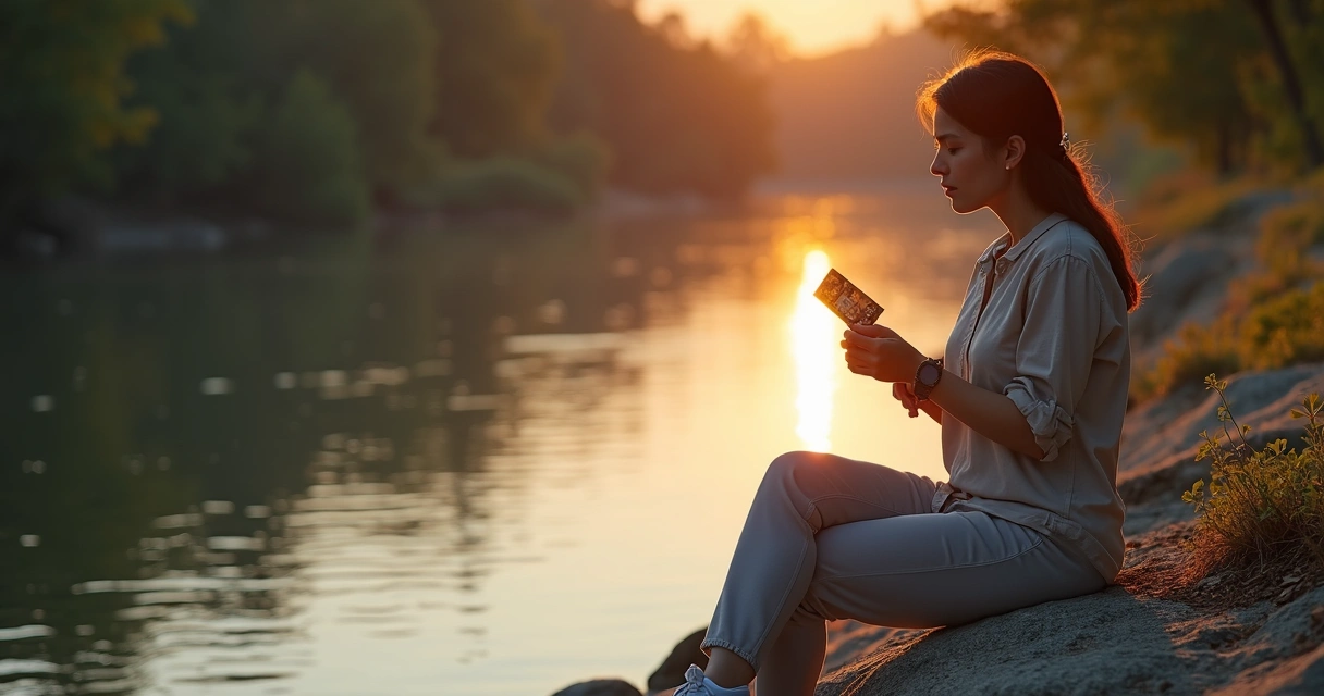 Persona sosteniendo una antigua foto mientras la deja ir al río 