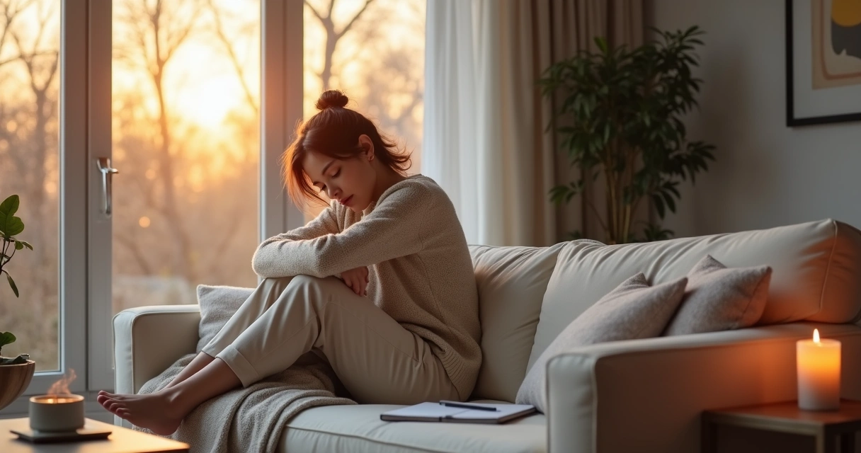 Persona sentada abrazándose a sí misma en un entorno tranquilo y acogedor 