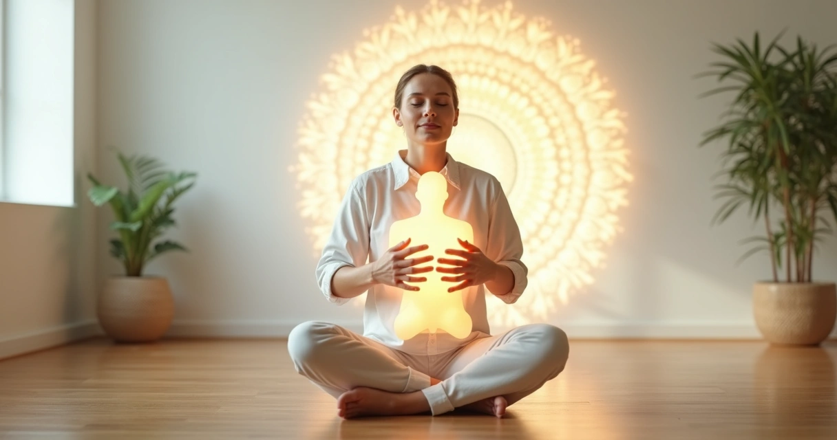 Persona meditando abrazando su propio reflejo en un entorno luminoso 