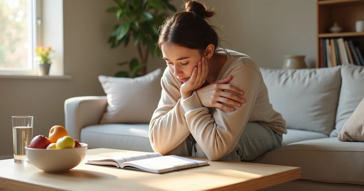 Persona tranquila sentada en el sofá abrazándose con una libreta de hábitos sobre la mesa 
