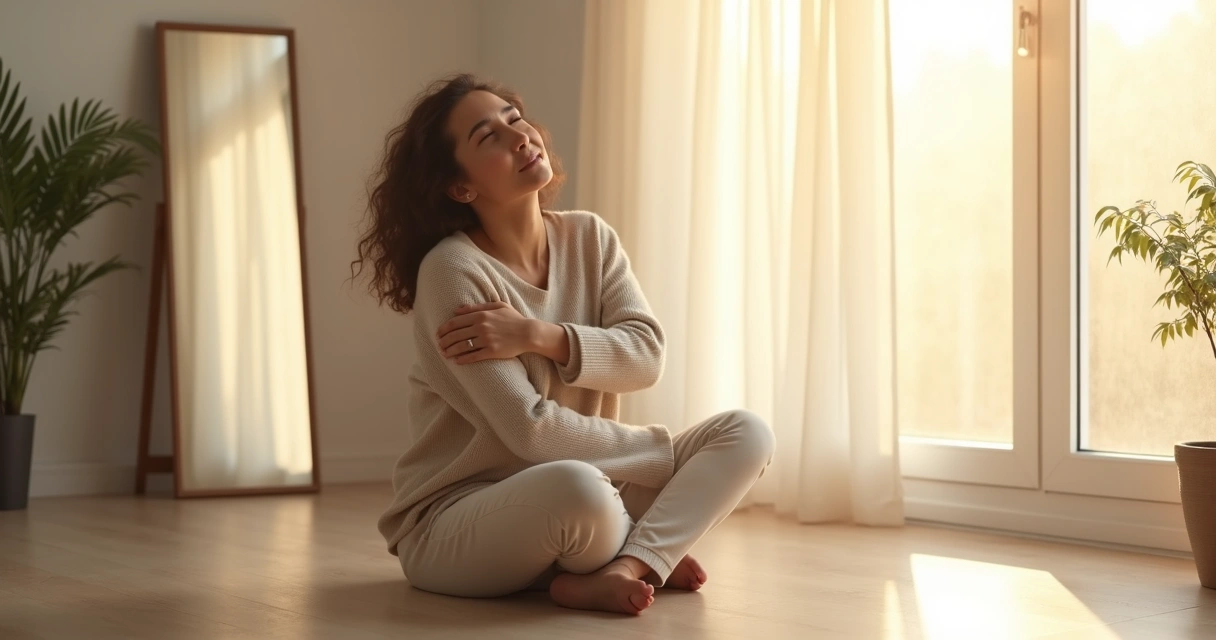 Persona sentada abrazándose a sí misma con serenidad frente a un espejo borroso 