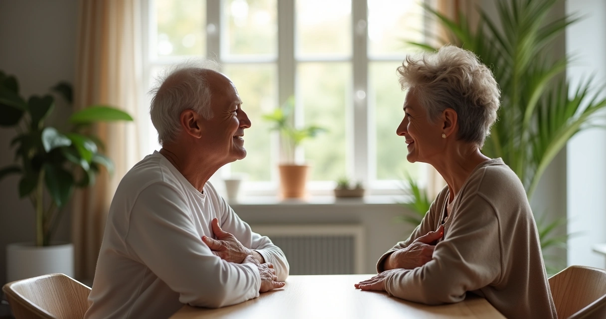 Dos personas sentadas frente a frente apoyando sus manos sobre el corazón en un entorno tranquilo 