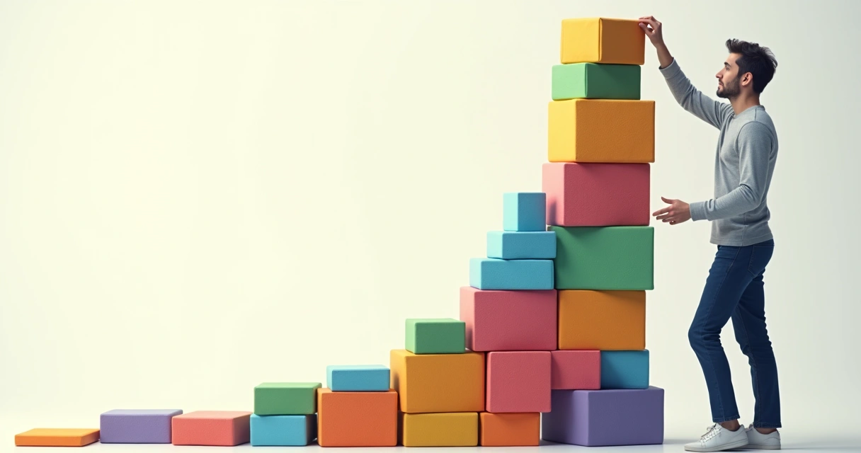 Pessoa construindo estrutura com blocos simbolizando autoconceito 