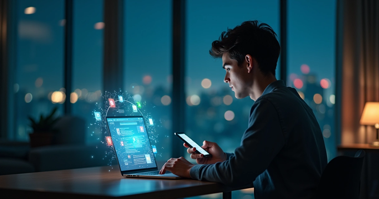 Persona usando un portátil y un móvil con un halo de luz alrededor de la cabeza que simboliza autoconciencia digital 