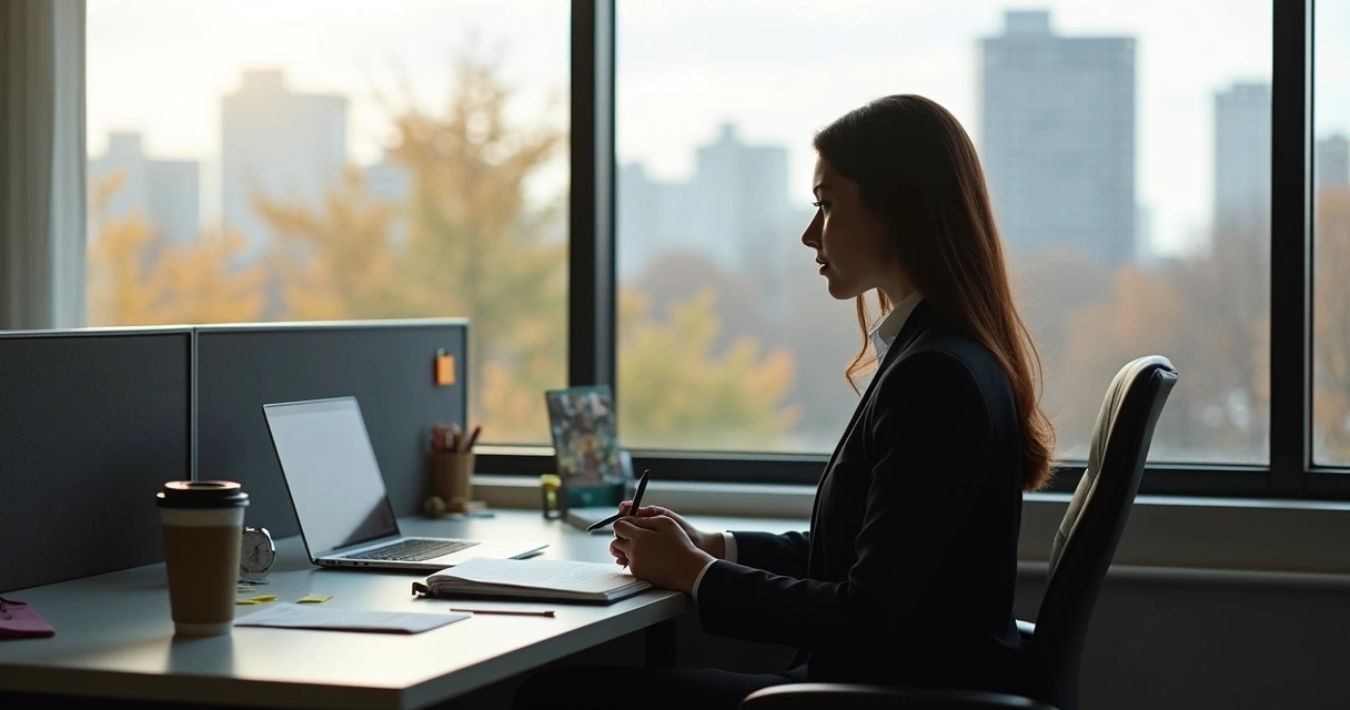 Persona de oficina en pausa de reflexión mirando ventana 