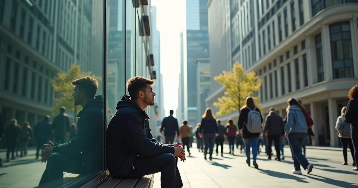 Persona reflexionando en medio de edificios modernos 