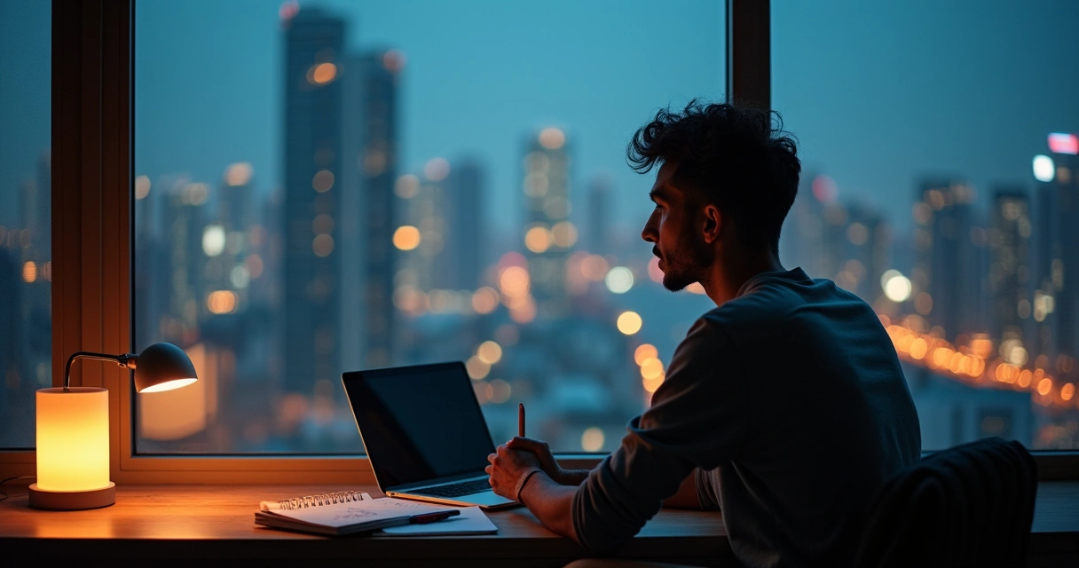 Persona reflexionando frente a una ventana con vista a la ciudad de noche 