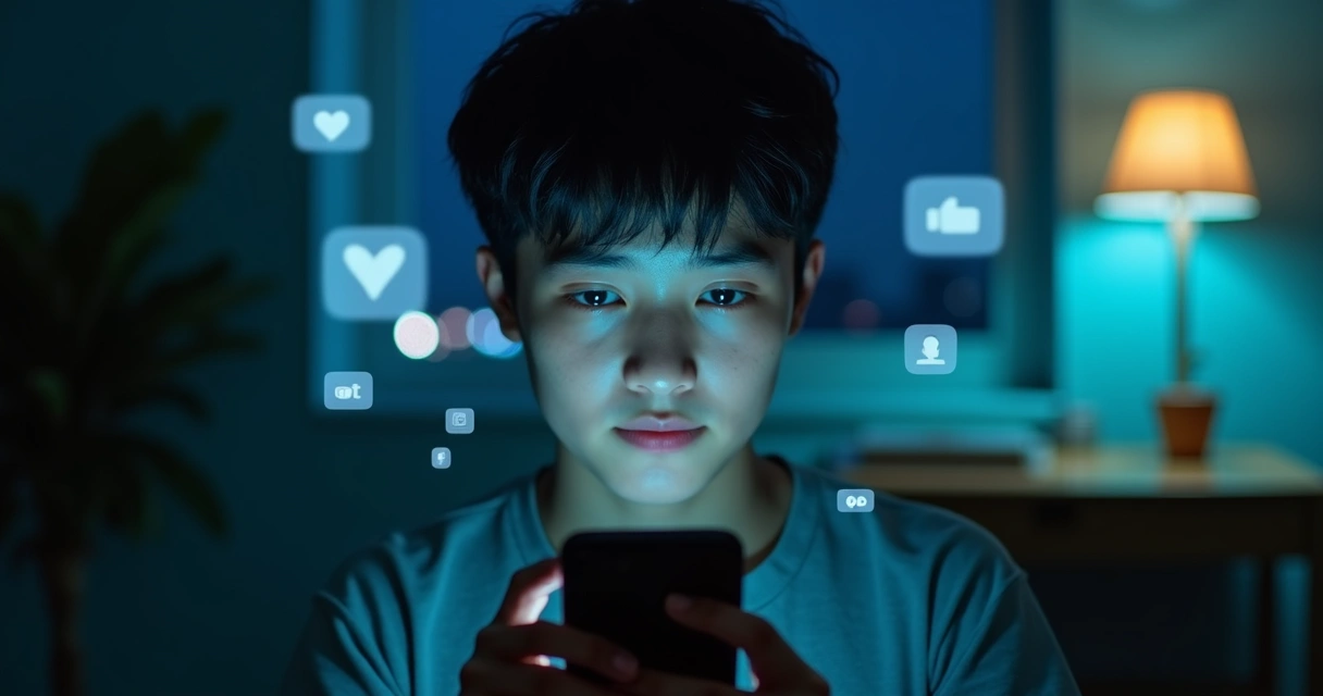 Persona mirando su reflejo en pantalla de móvil rodeado de iconos de redes sociales 