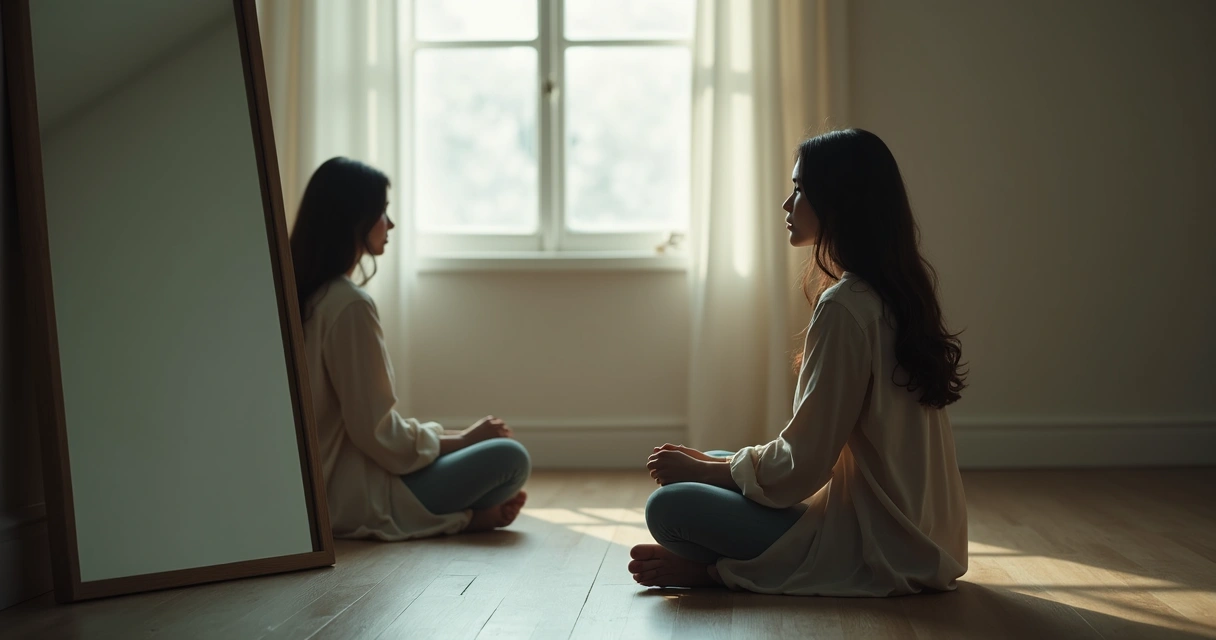 Mujer mirando su reflejo en un espejo, gesto reflexivo. 