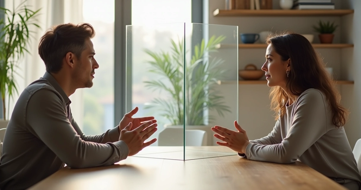 Dos personas frente a frente con un espejo transparente entre ellas representando autoconciencia relacional 