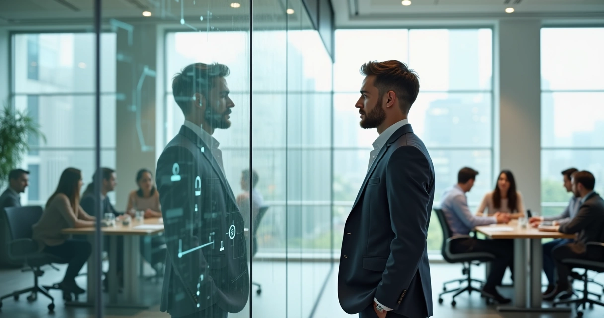 Profesional observando su reflejo múltiple en una sala de reuniones moderna 