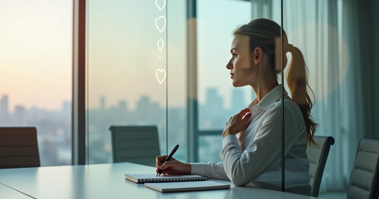 Persona reflexionando ante su propio reflejo con símbolos de diálogo y calma 