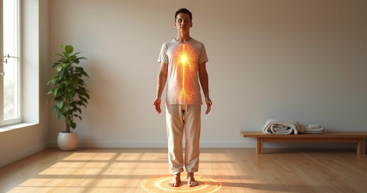 Persona de pie con silueta dividida entre cuerpo físico y energía emocional 