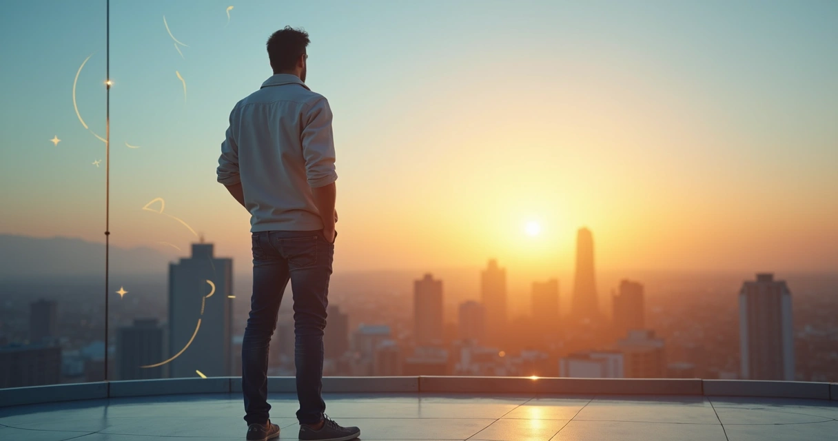 Pessoa em pé confiante no topo de prédio com cidade ao fundo ao amanhecer 