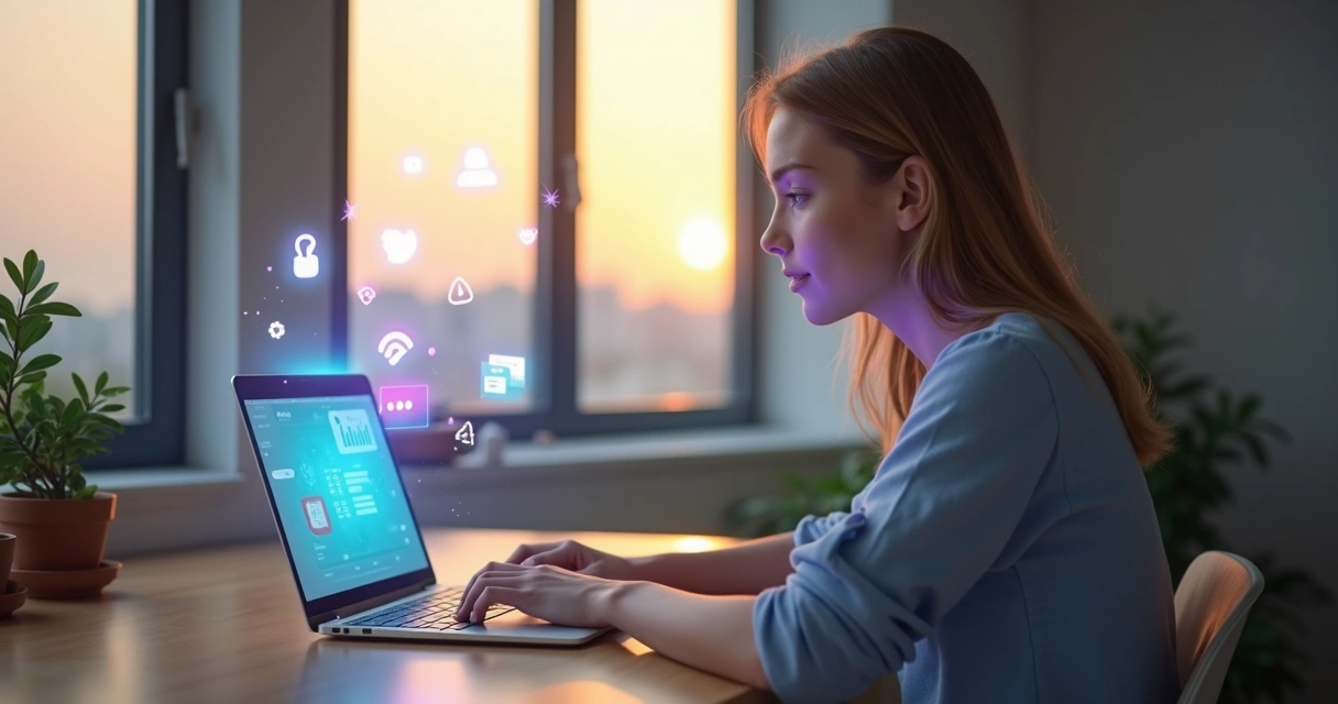 Pessoa olhando para tela de notebook com expressão serena e confiante em ambiente digital moderno 