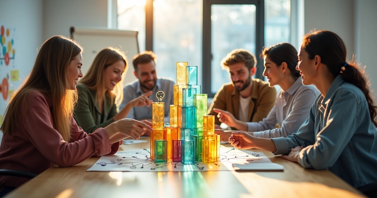 Grupo diverso em sala luminosa construindo estrutura colaborativa com blocos coloridos 