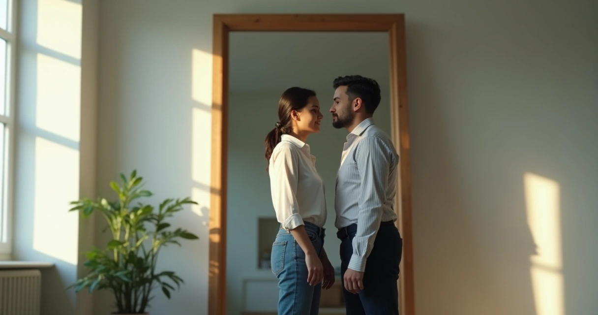 Pessoa em frente a espelho com reflexo dividido entre autenticidade e adaptação 