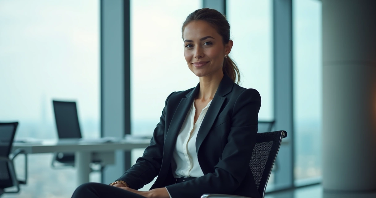 Executiva sentada em cadeira mostrando autoconfiança