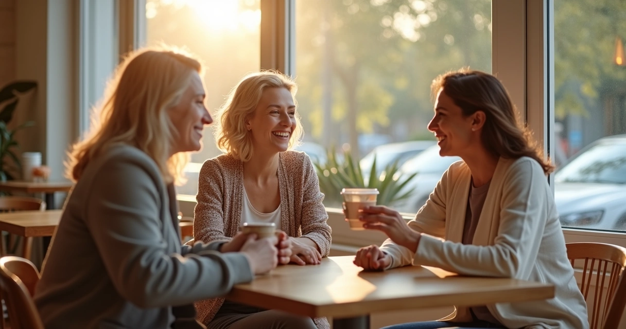 Três pessoas em um café conversando e sorrindo, demostrando apoio mútuo.