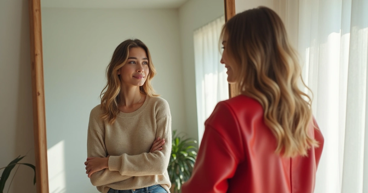 Mulher diante do espelho com reflexos contrastando autoconfiança serena e autoafirmação exagerada 