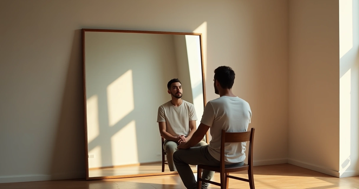 Persona reflexionando frente a un espejo con doble reflejo simbolizando autoconfrontación 