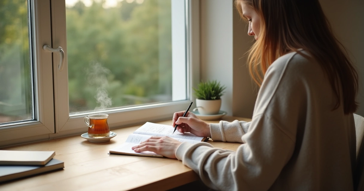 Pessoa refletindo em um caderno de autoconhecimento junto à janela com vista para a natureza 