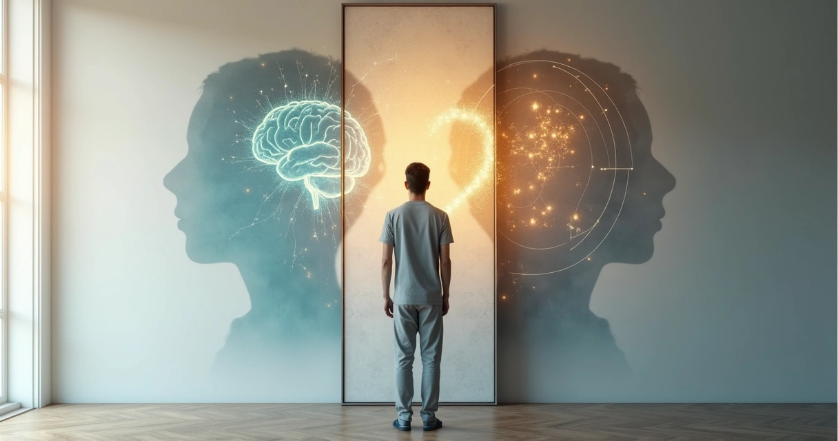 Pessoa diante de espelho quebrado olhando para horizonte com símbolos de mente e coração ao redor 