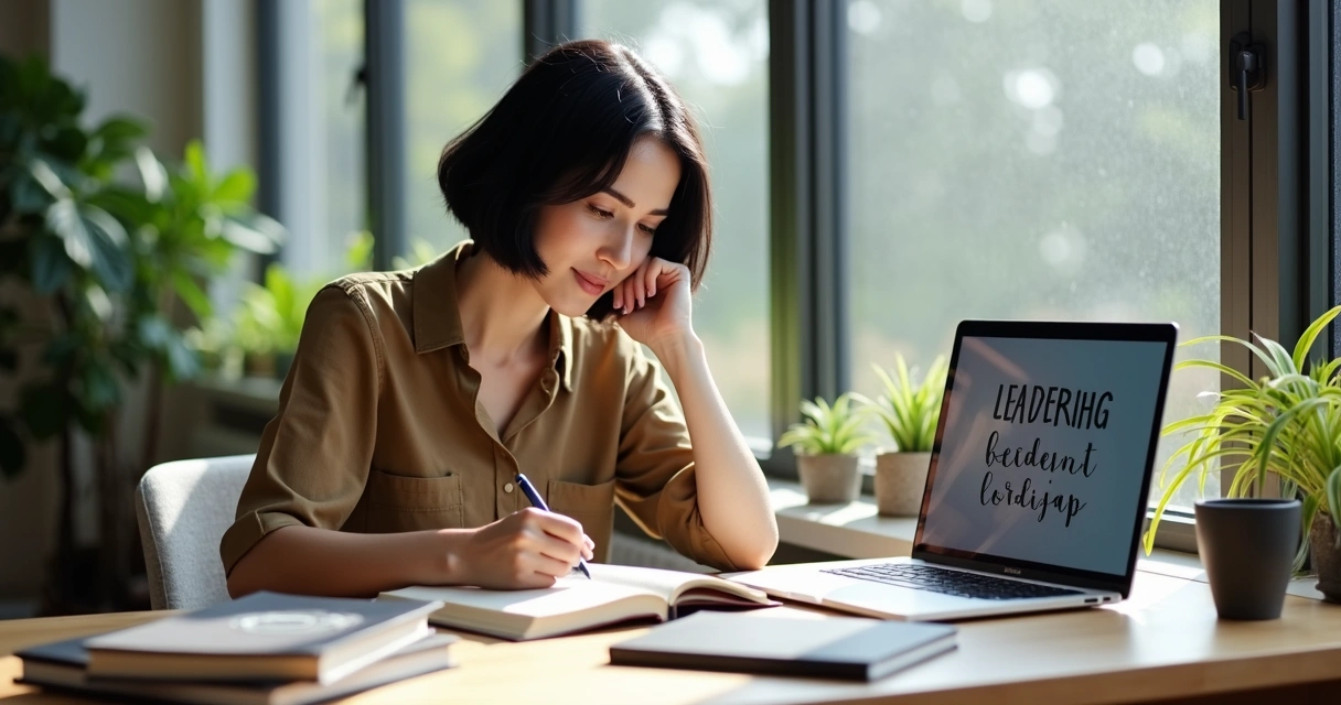 Profissional refletindo diante de uma janela enquanto faz anotações em um caderno aberto 