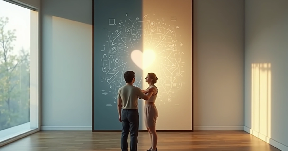 Pessoa diante de espelho dividido entre análise racional e acolhimento emocional 