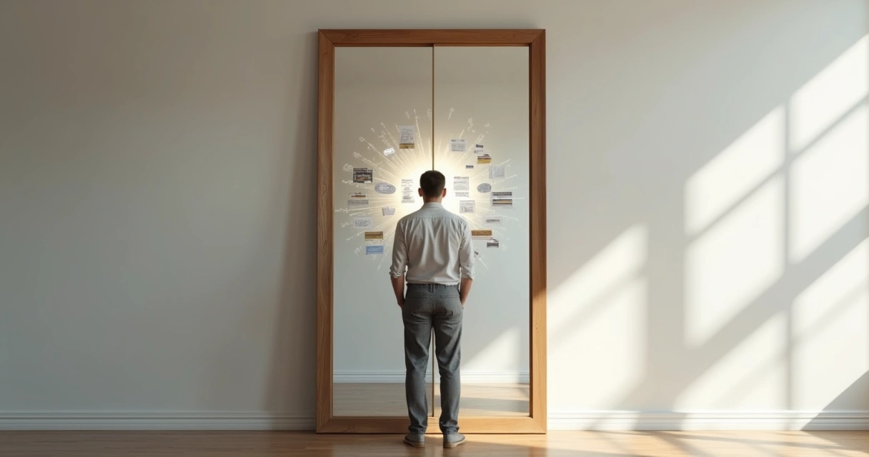 Pessoa diante de espelho dividido em duas partes representando autoconhecimento e autoconsciência 