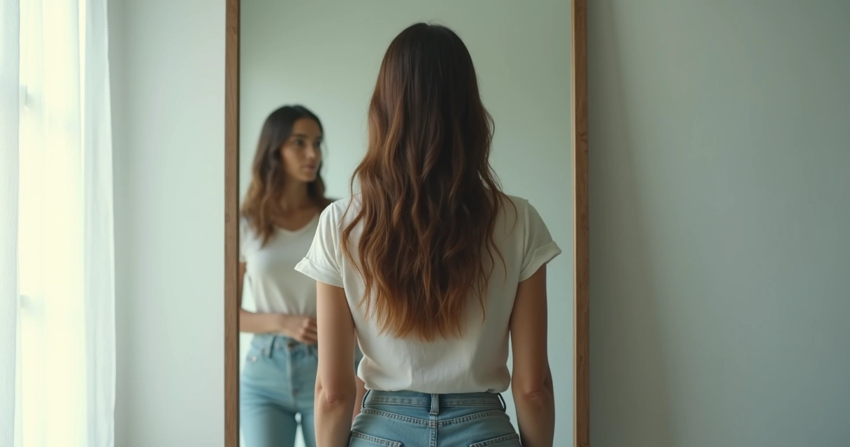 Pessoa diante de espelho metade clara e metade distorcida representando autoconhecimento e autoilusão 