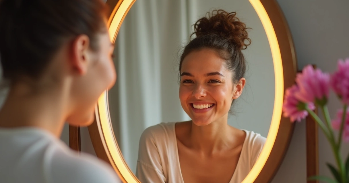 Pessoa sorrindo ao se olhar no espelho com satisfação e confiança 