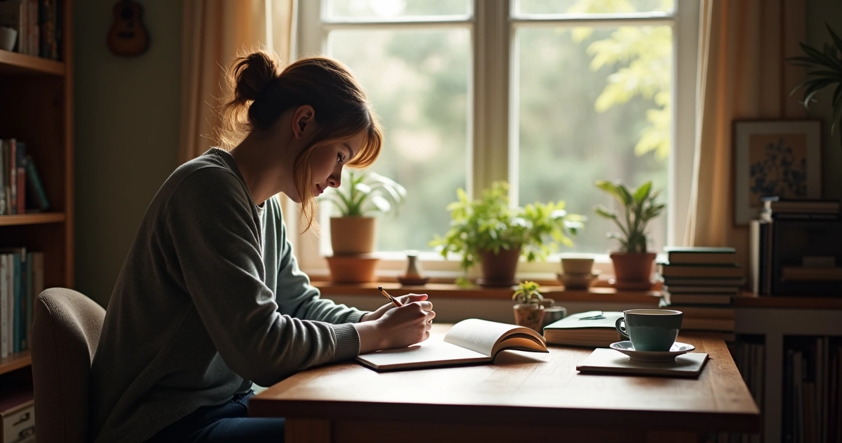 Pessoa anotando reflexões em caderno, ambiente caseiro e tranquilo. 