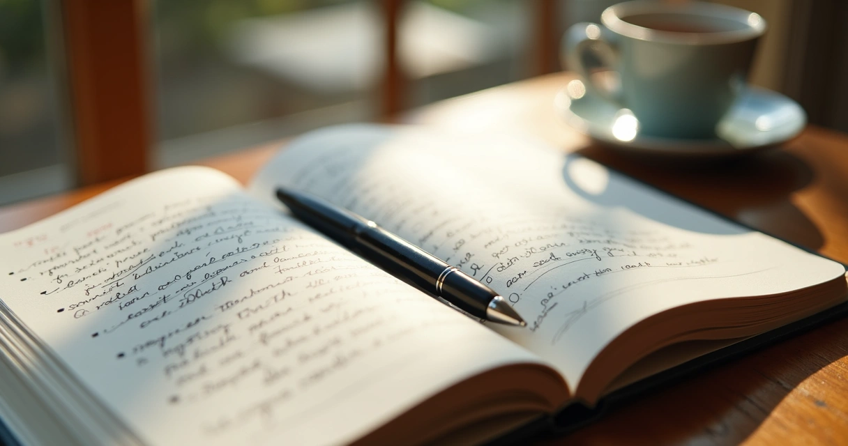 Caderno aberto com anotações manuscritas e caneta ao lado 