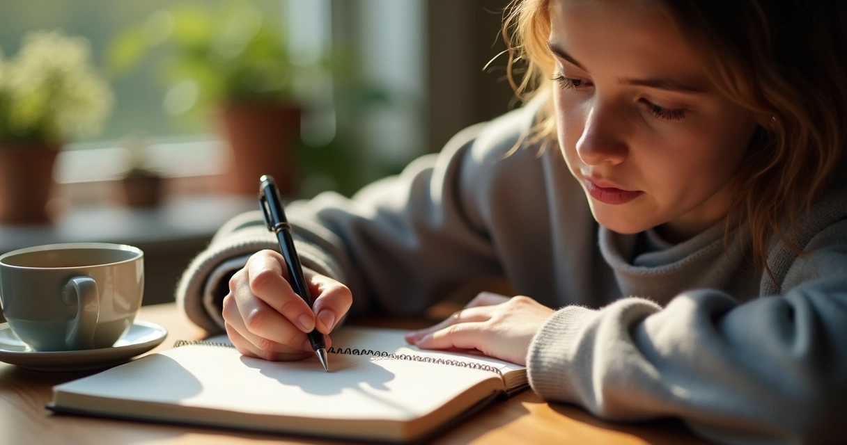 Pessoa escrevendo reflexões em caderno aberto, luz suave, ambiente tranquilo, chá ao lado