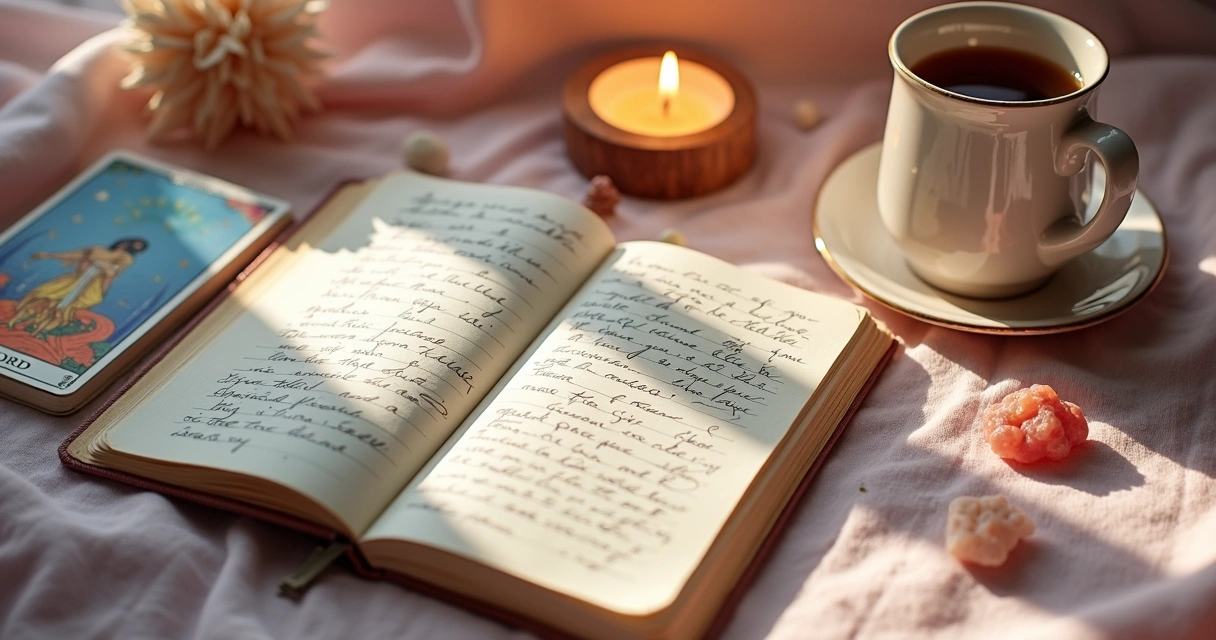 Caderno aberto ao lado de cartas de tarot, com uma caneca e vela acesa