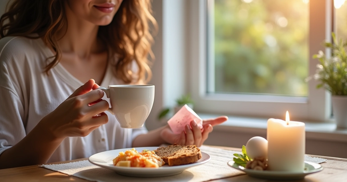 Pessoa ao lado de uma janela tomando café, segurando uma pedra de quartzo rosa e olhando para um bilhete de afirmação 