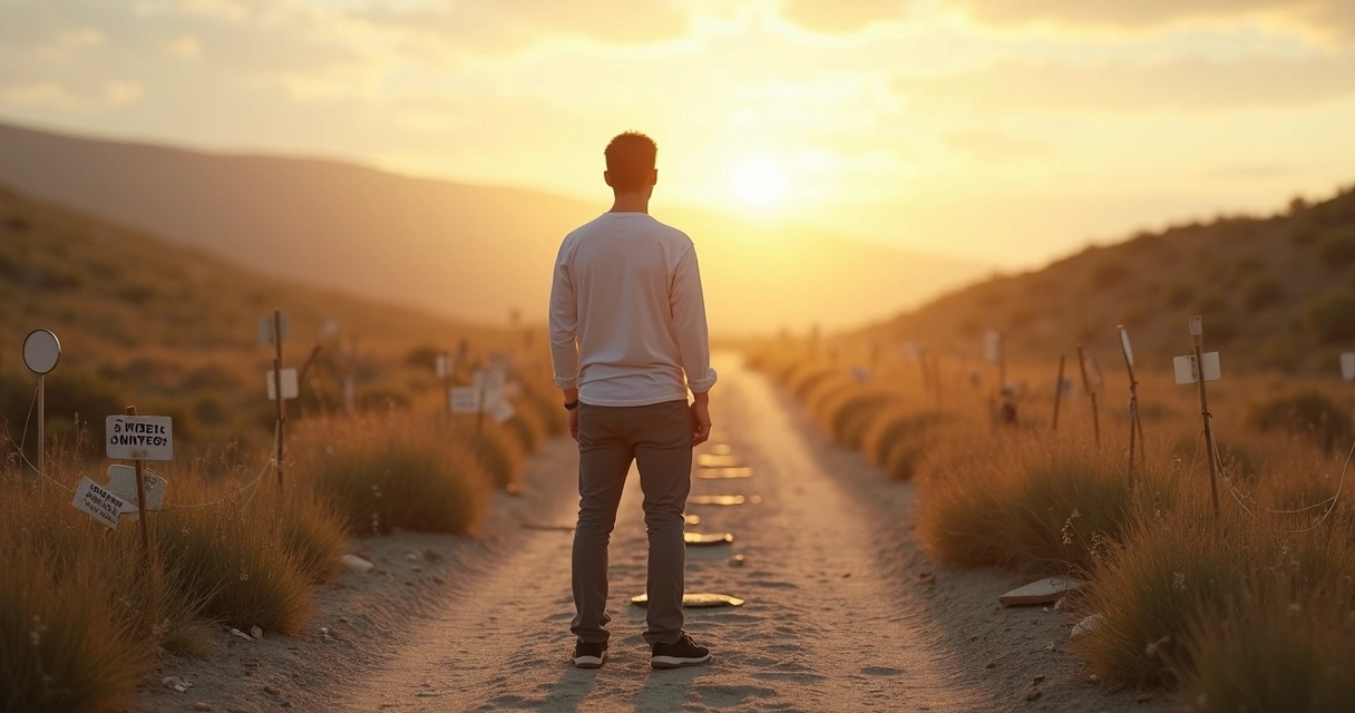 Pessoa em encruzilhada entre caminho confuso e caminho claro de autoconhecimento 
