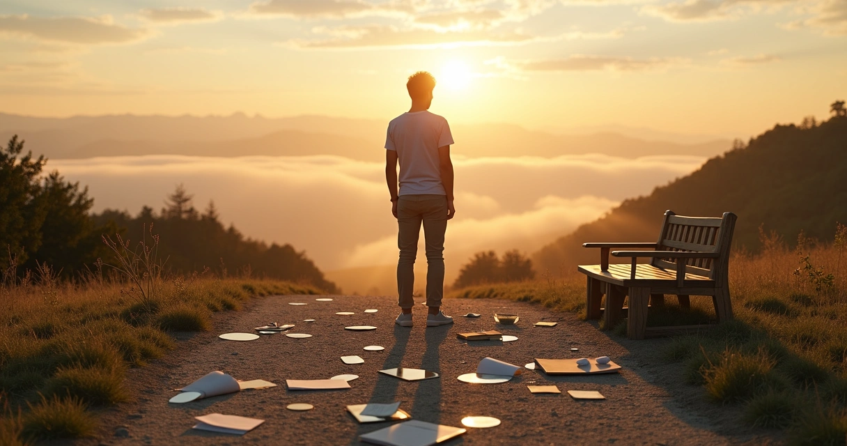 Pessoa em encruzilhada refletindo sobre autoconhecimento em caminho dividido claro e escuro 