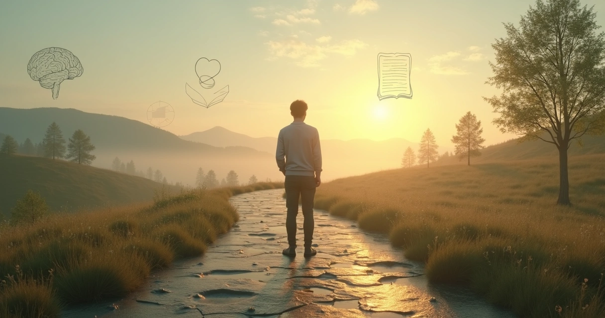 Pessoa em encruzilhada olhando para dentro de si em cenário sereno 